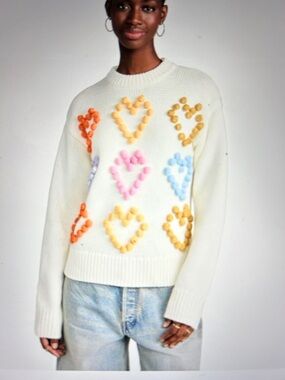 English Factory Cream Crewneck Sweater with Multicolor Pom-Heart Motifs
